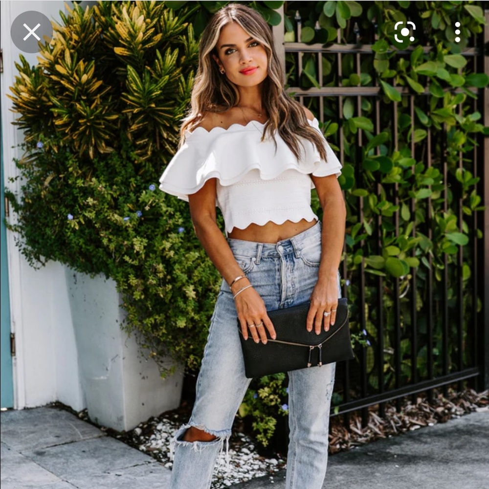 Vici Taine Off The Shoulder Scalloped Crop Top